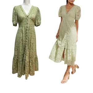 By The River Womens Lace Puff Sleeve Midi Dress Size M Sage Green Garden Wedding